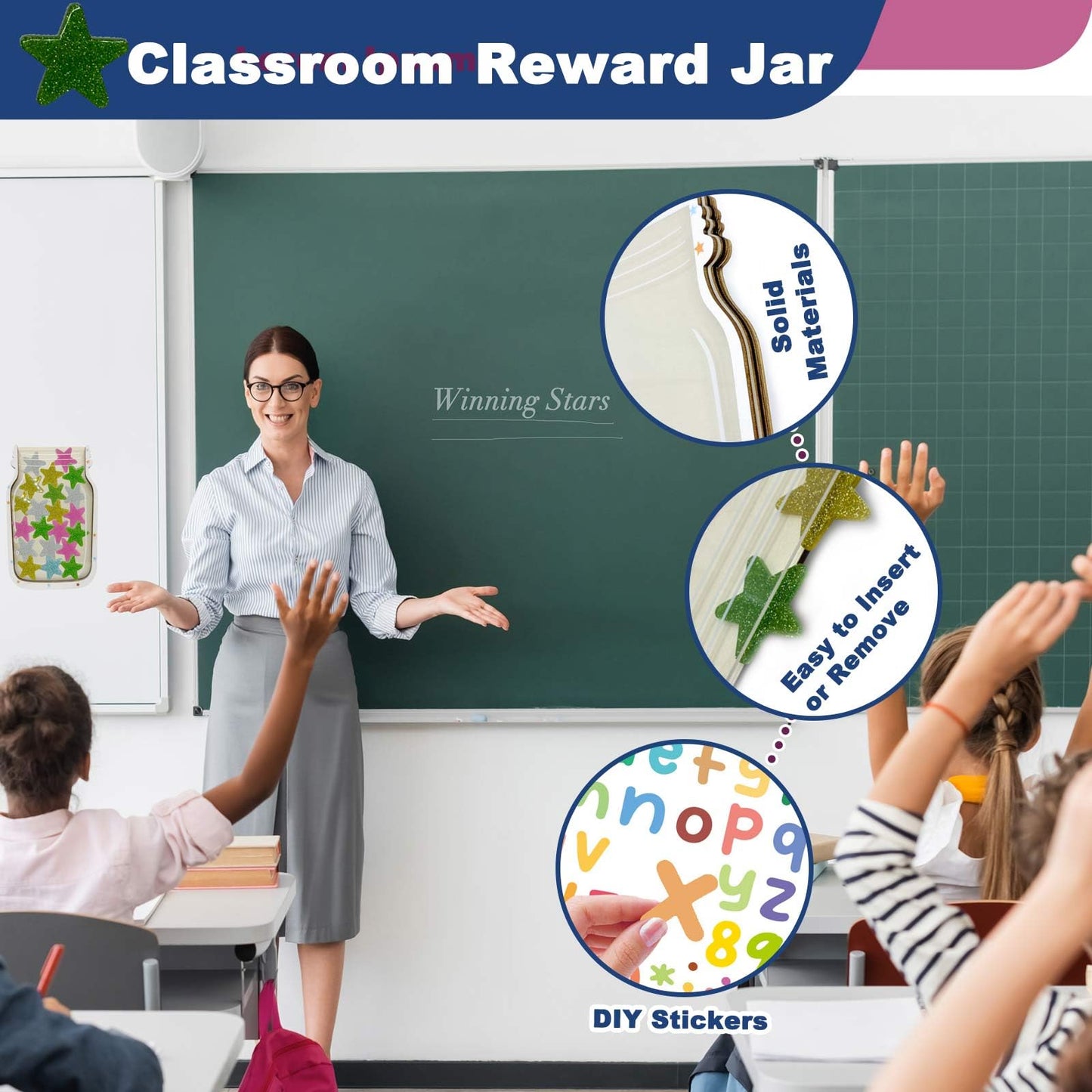 Orbixa Magnetic Star Reward Jar for Kids & Students – Glitter Magnetic Reward System for Classroom & Home, Personalized Behavior Chart with Sparkling Stars, Alphabet Stickers & Velvet Bag (Glitter)