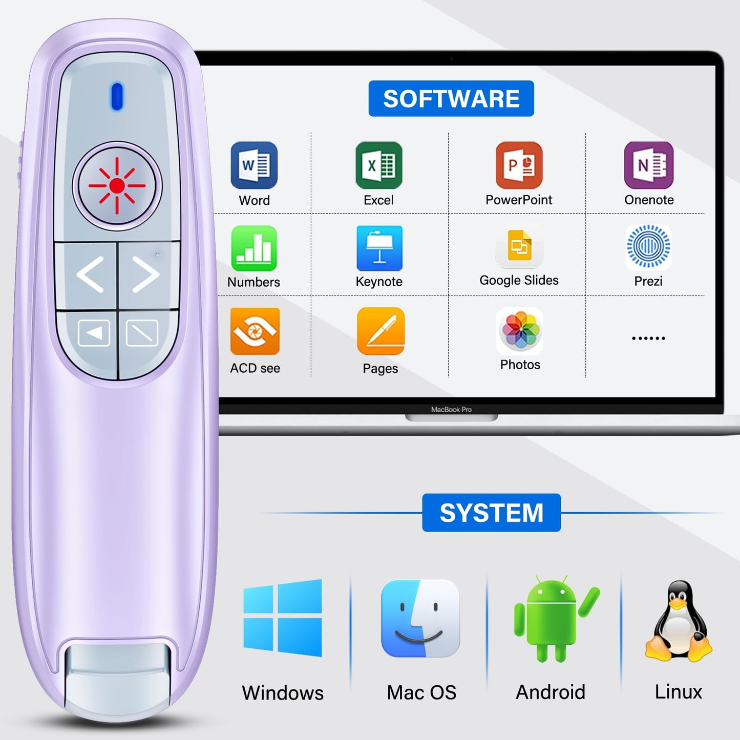 2-in-1 USB Type C Presentation Clicker, Wireless Presentation Clicker PowerPoint Presenter Remote with Volume Control, Powerpoint Clicker with Slide Advancer for Computer/Laptop/Mac,Purple