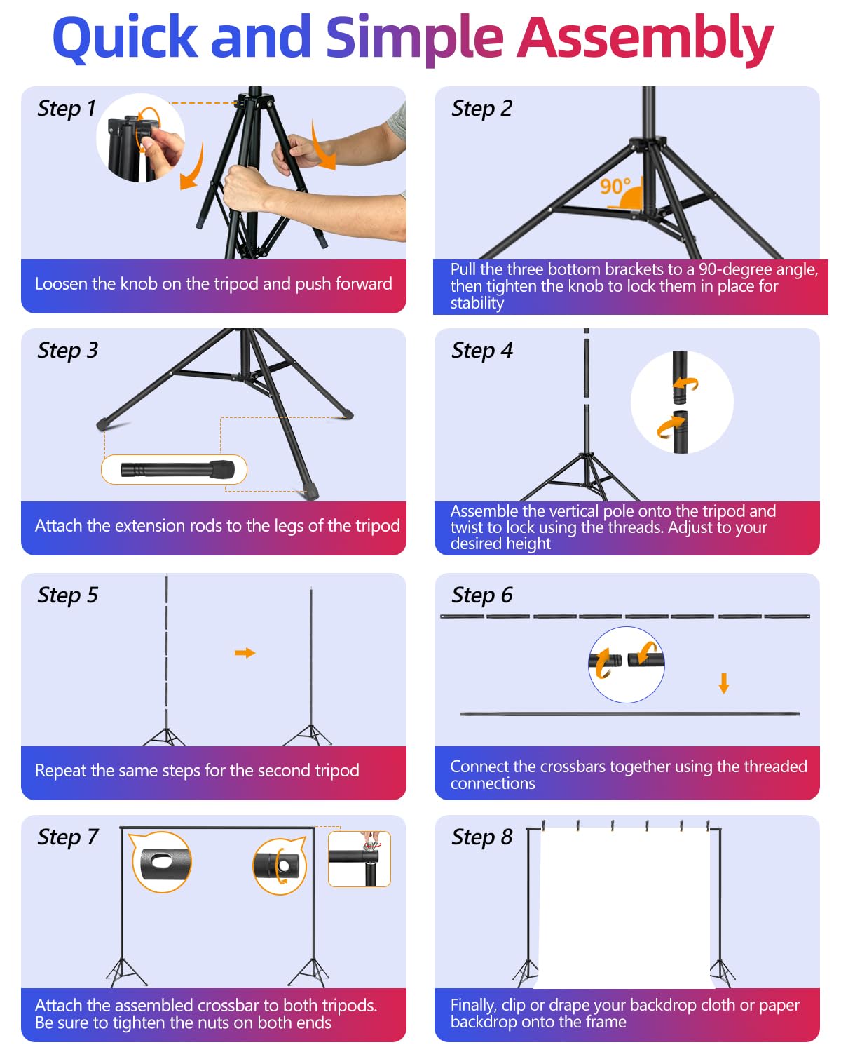 YAYOYA Backdrop Stand 10 x 8 Ft (WxH), Adjustable Photography Background Stand Support Kit with 6 Clamps & Carrying Bag for Photo Studio, Party, Wedding, Decoration, Projector Screen