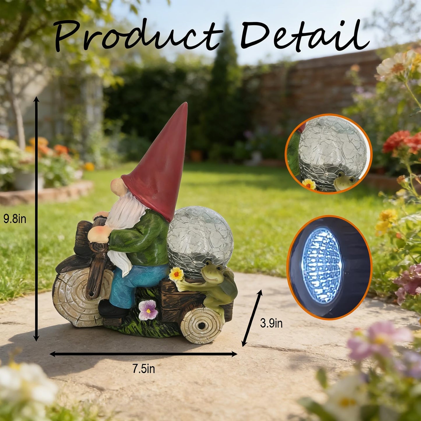 SAMPU Craft Solar Powered Garden Gnome on Motorcycle with Frog and Crackle Glass Globe, Outdoor LED Light Decor for Patio, Lawn, Yard, and Garden (Red)