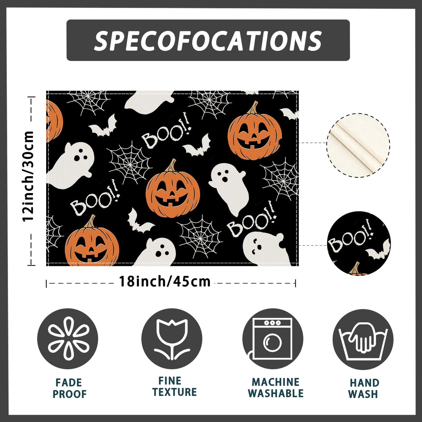 XCHI Boo Spooky Ghost Pumpkin Halloween Cloth Placemats Set of 6 Table Mats Table Decorations 12x18 Inch