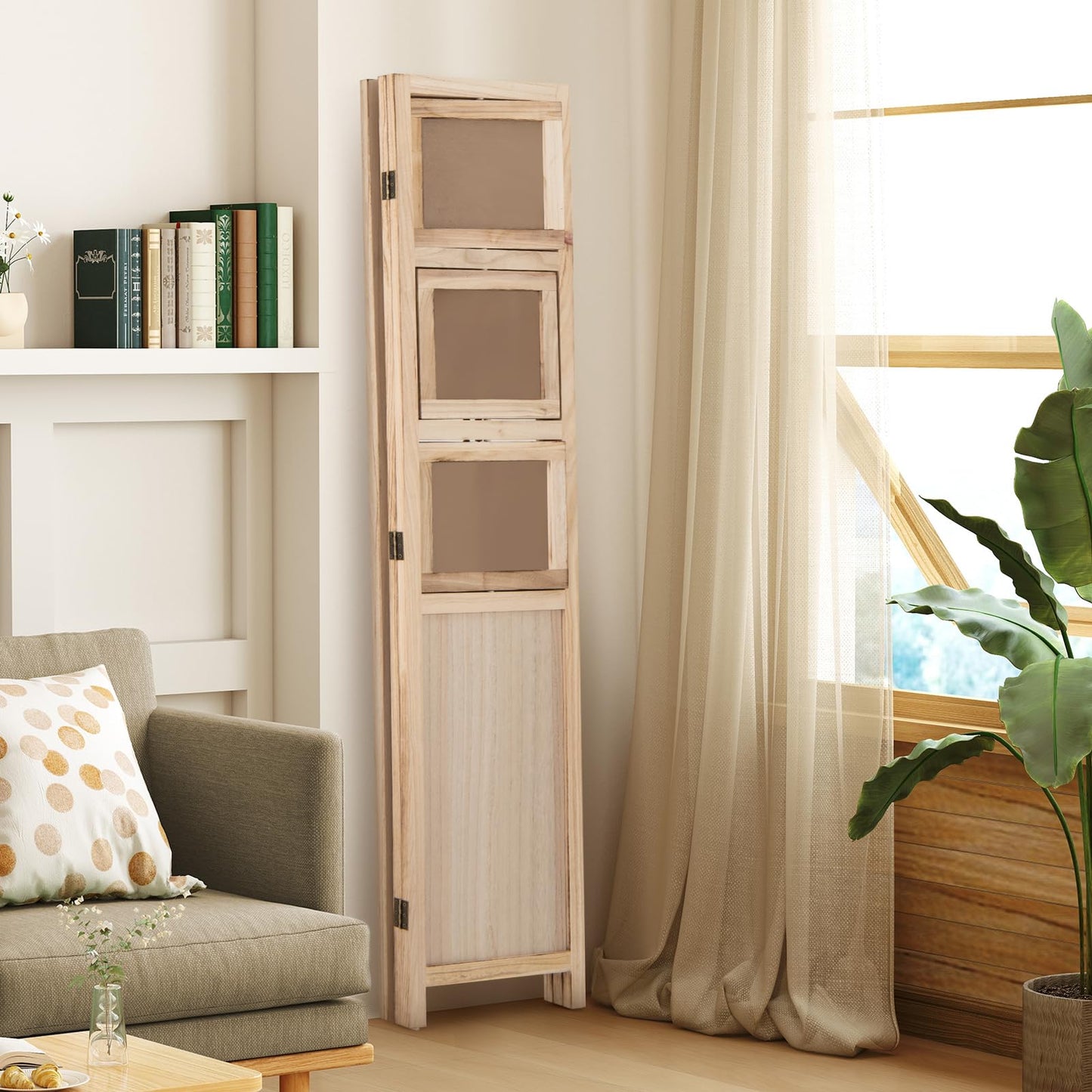Giantex 3 Panel Room Divider with 9 Rotating Picture Frames, 67'' Folding Privacy Screen for Photo Display, Freestanding Wood Wall Partition for Room Separation, Bedroom, Office, Natural