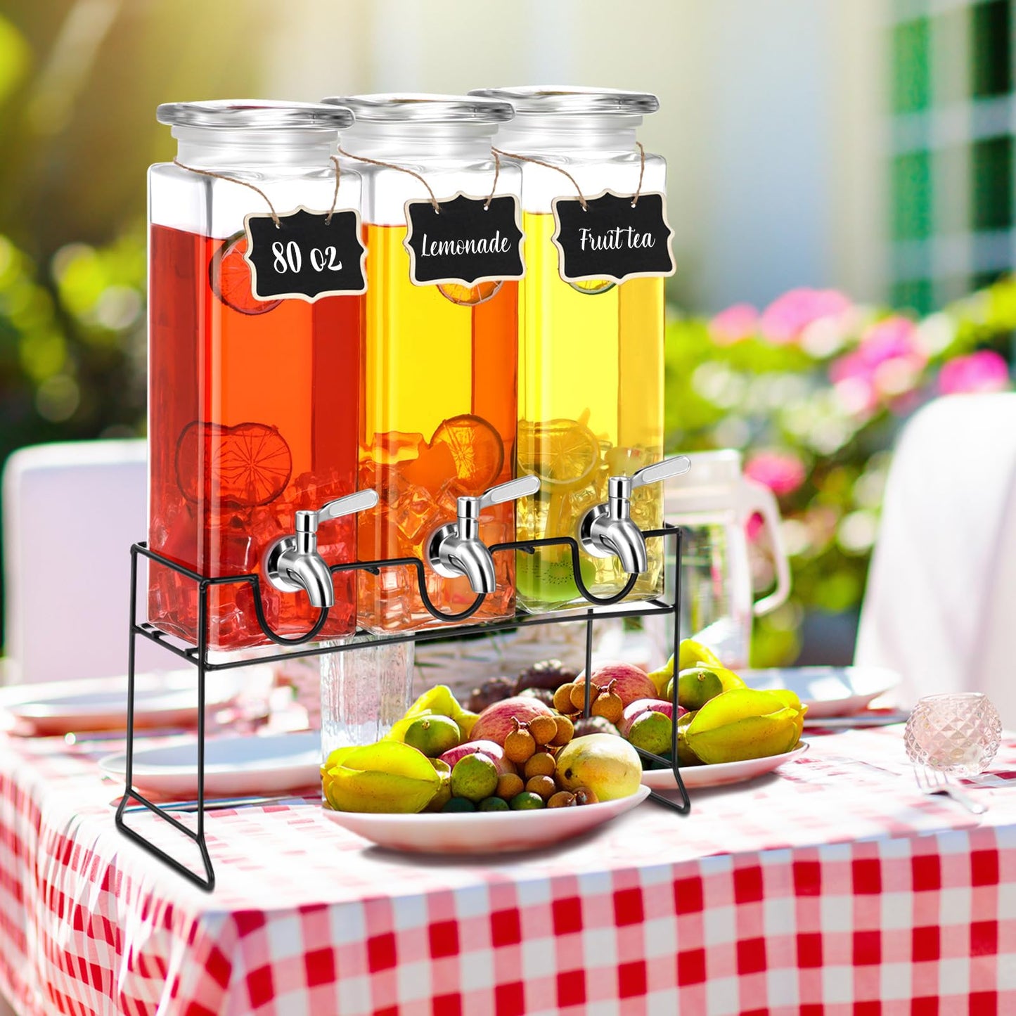 RimCereal 3 Pack 80 oz Tall Glass Drink Dispenser with Stand, Lid, Label and Stainless Steel Leakproof Spigot Beverage Water Dispenser Clear Mason Jar for Party Fridge(Square)