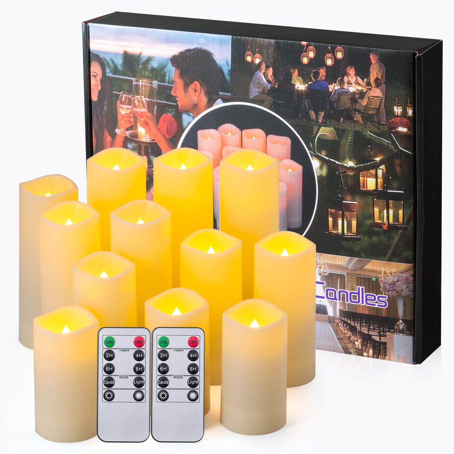 Enpornk Waterproof Flickering Flameless Candles, Set of 12 Battery Operated Candles (D2.2'' x H4''5''6''7"), Outdoor Indoor Candles with 10-Key Timer Remote, Long Lasting
