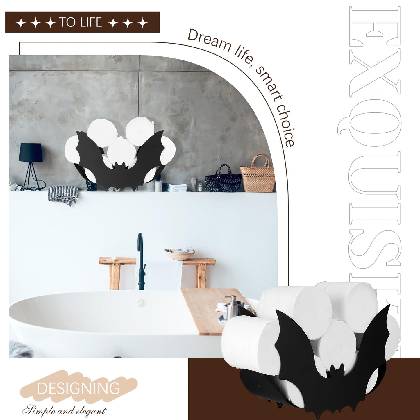 Novabright Black Bat Toilet Paper Roll Holder Halloween Gothic Bathroom Storage Decor Metal Witch Wall Mounted Toilets Paper Holder Funny Tissue Storage Organizer for Washroom Rack Art