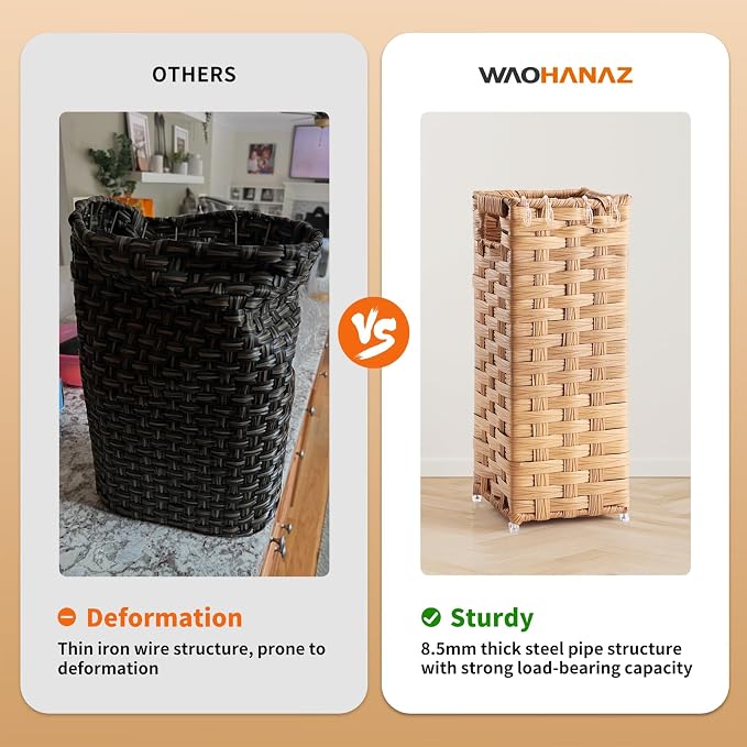 Rattan Umbrella Stand, Umbrella Holder for Entryway, Hand Woven Umbrella Rack Organizer Freestanding, with a Detachable Drip Tray, 4 Hooks, 6.5" L x 6.5" W x 16.5" H, Natural
