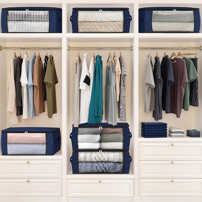 Fab totes 35L Closet Organizers and Storage, Foldable Under Bed Storage Containers, Storage bags for Organizing Bedroom, Closet, Clothing,Organization with Handle (10 Pack,Blue)