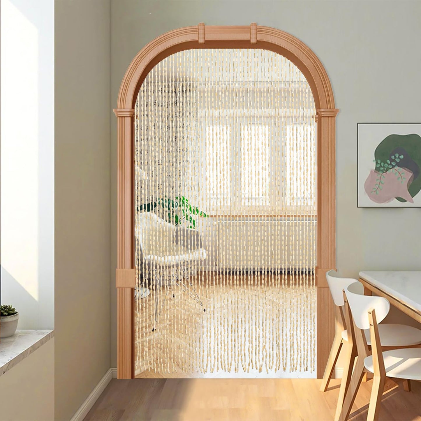 HYVAKUPPA 35.5" x 75" Bamboo and Wood Beaded Curtain for Doorway 52 Strands Handmade Bohemian Door Beads Curtain Boho Hanging Room Divider for Bedroom Living Home Deco, Beige