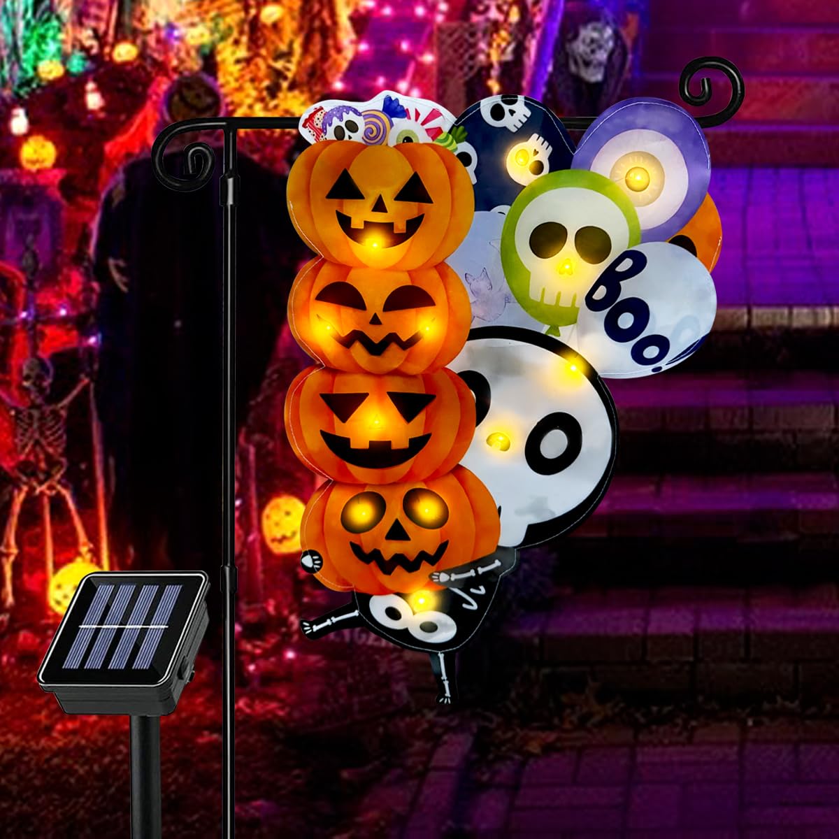 3D Lighted Halloween Garden Flag, Solar Powered LED Outdoor Skeleton & Pumpkin Holiday Yard Flag, Double Side Spooky Ghost Skull Shaped Flag for Patio Lawn, Home Porch 12×18 Inch
