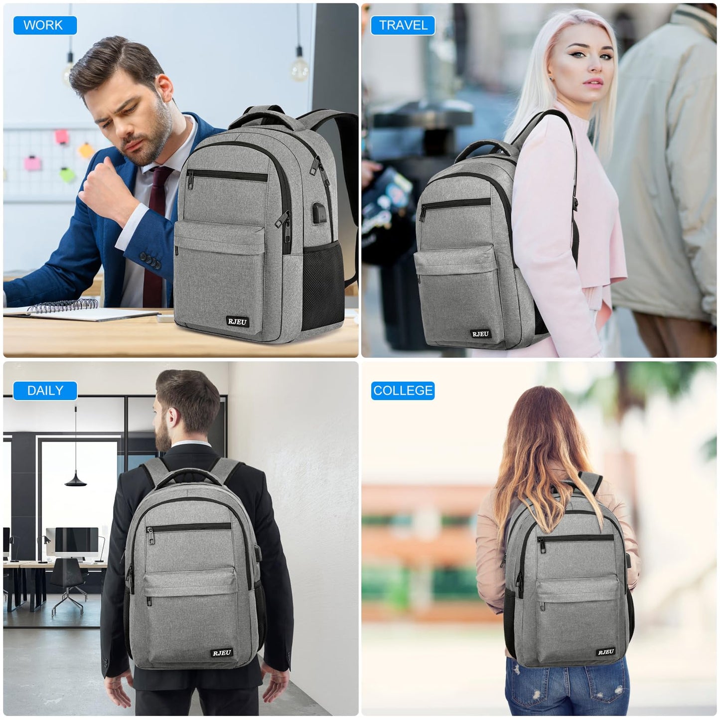 RJEU School Backpack for Teen Boys & Girls Students, 15.6 Inch Laptop Backpack with USB Charging Port - College Business Travel Bookbag, Grey