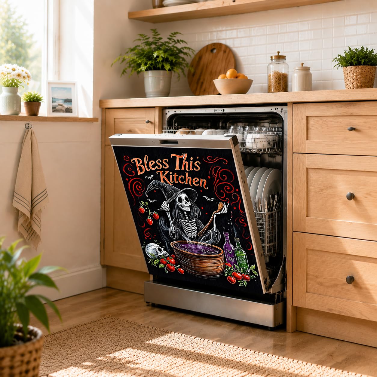 Dishwasher Magnet Cover Flower, Halloween Witches Magnetic Dishwasher Covers Decorative for The Front Panel, Refrigerator Magnets Decorative Cover Sticker Decal Kitchen Decor 23x26 Inch