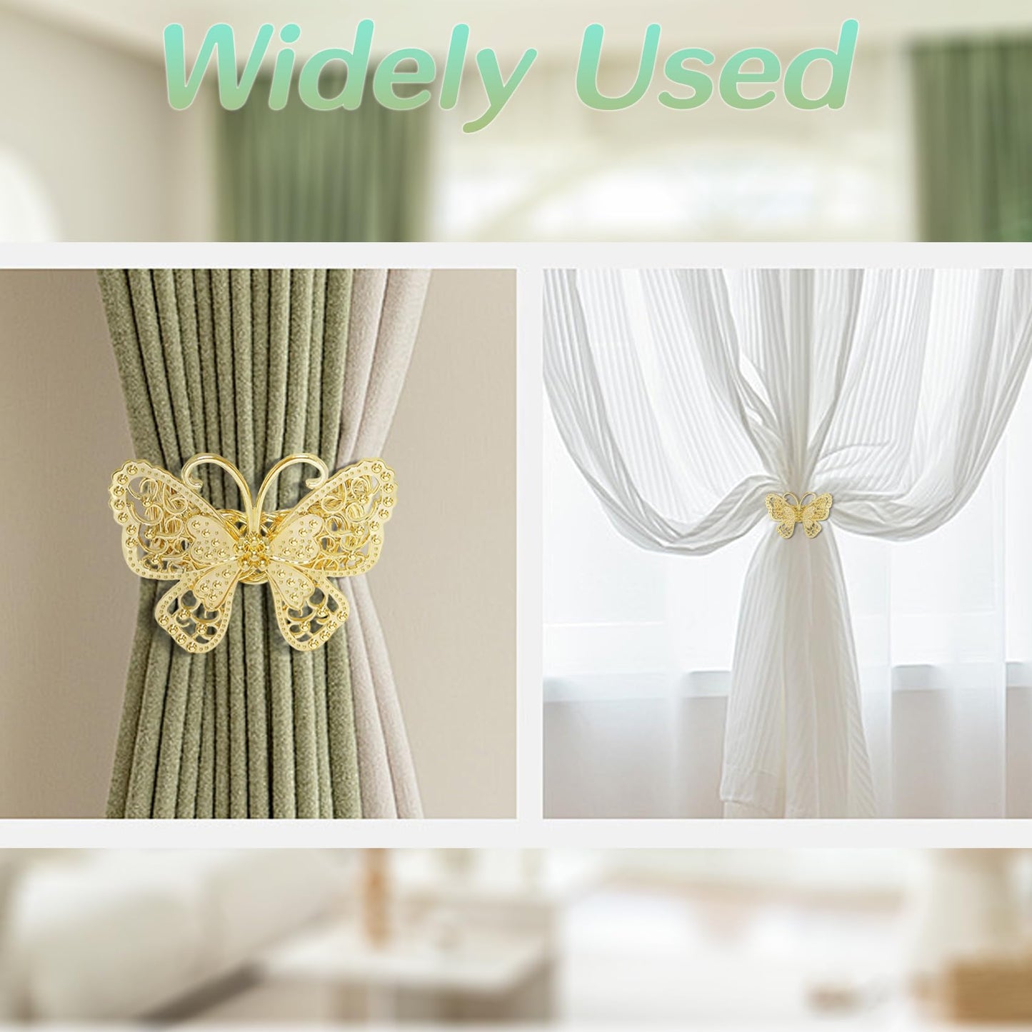 Butterfly Curtain Tiebacks 4 Pack, Gold Metal Curtain Holdbacks, Decorative Boho Curtain Tie Backs for Drapes, Self-Closing Window Curtain Holders for Home Office Cafe Balcony (Gold)