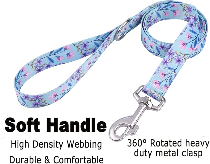 Mihqy Dog Collar and Leash Set with Bohemia Floral Tribal Geometric Patterns - Soft Ethnic Style Collar Adjustable for Small Medium Large Dogs(Pink + Purple Floral Set,S)