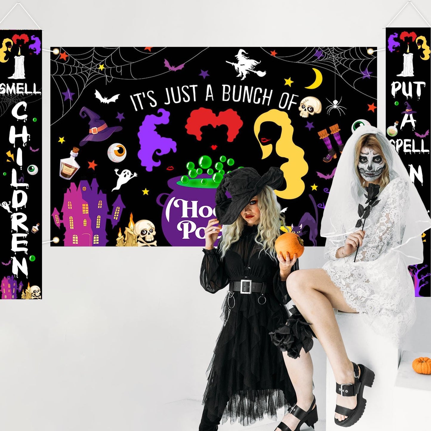 Avezano Halloween Decorations 3Pcs Hocus Pocus Door Banner Witches Door Cover Hocus Pocus Halloween Baby Shower Decorations Indoor Outdoor