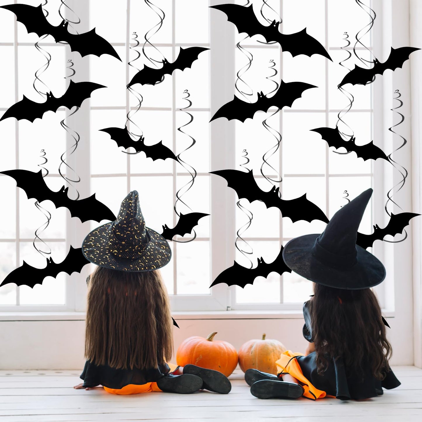 32 Pcs Halloween Bat Hanging Swirls Decorations, Black Bat Ceiling Streamers with Foil Spirals, Halloween Party Decor for Ceiling Window Porch Classroom Office Haunted House