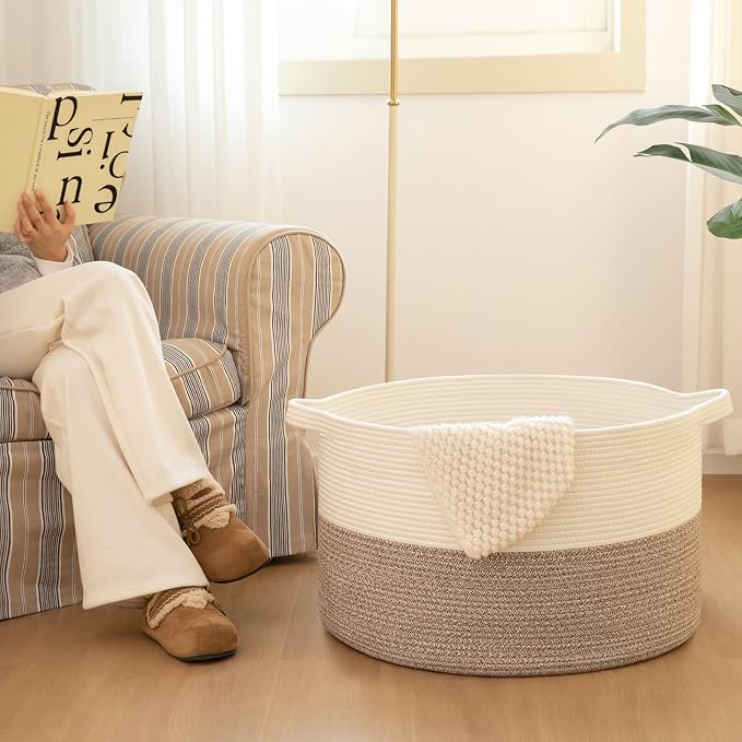 OIAHOMY 115L Extra Large Blanket Basket for Living Room, 23.6" x 15.4" Woven Cotton Rope Laundry Basket for Organizing Pillows, Decorative Stuffed Animal Toy Storage for Nursery, White and Light Grey