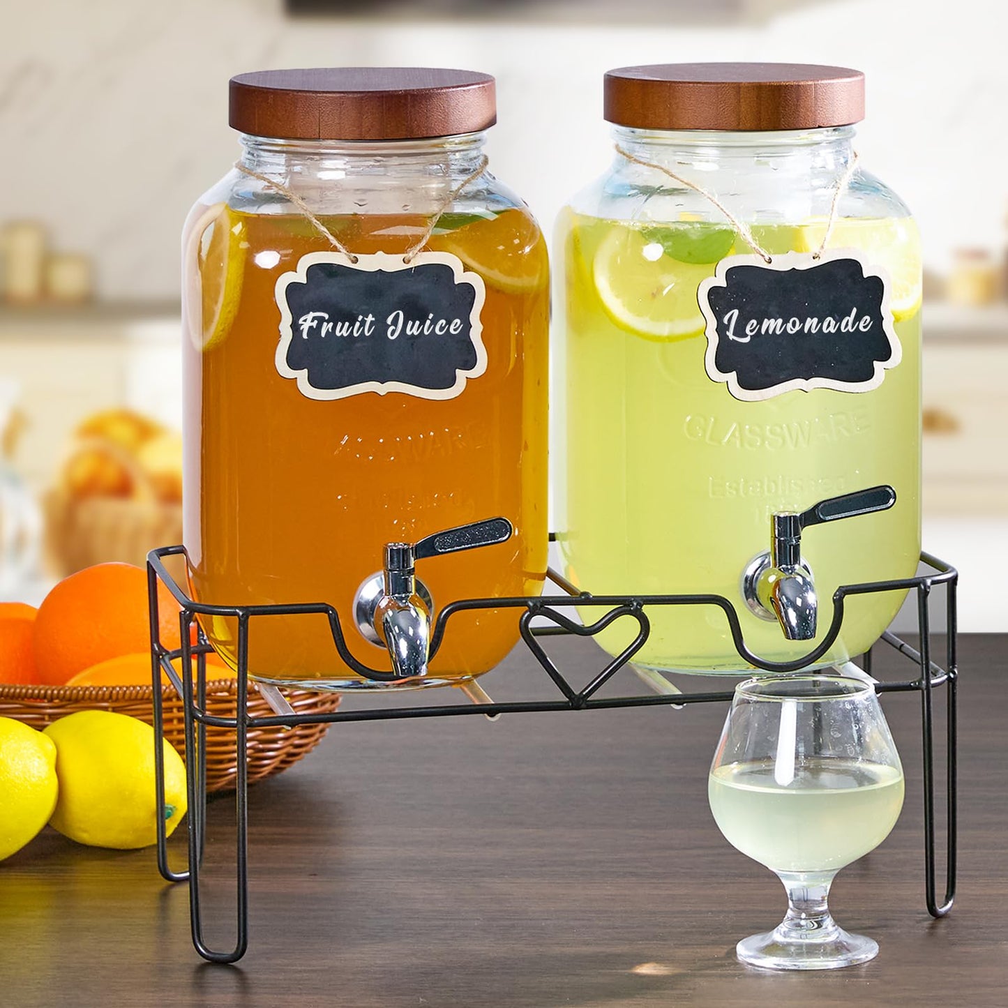 ShoreHao 2 Pack1Gallon Glass Drink Dispenser with Stand&Bamboo Lids&Fruit Infuser,304 Stainless Steel Leak-Proof Spigot,Beverage Dispenser for Parties,Water Sangria Juice Sun Tea Lemonade(Brown)