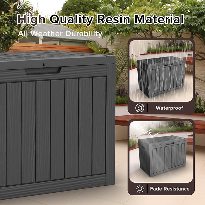 ROJIK Outdoor Storage Housing Deck Box - Waterproof Patio Furniture, Garden Tools, Cushions, Pool Accessories Storage Bench with Lockable Lid and Side Handles (Black, 45 Gal)
