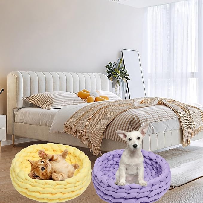Woven Dog Bed Basket, Knitted Cotton Cat Bed Round Washable Woven Cat Pet Bed Chunky Dog Basket, Orthopedic, Chunky Knit Dog Nest,Dog Bed,Dog Cave,Dog Bedding(Beige,17")