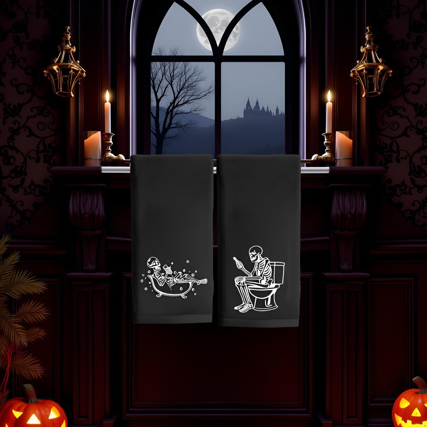 2 Pack Luminous Halloween Hand Towels 100% Cotton Embroidered Skull Halloween Kitchen Towels Glow in The Dark Black Skeleton Bathroom Towels Seasonal Bathroom Decor (Black Skeleton, Halloween)