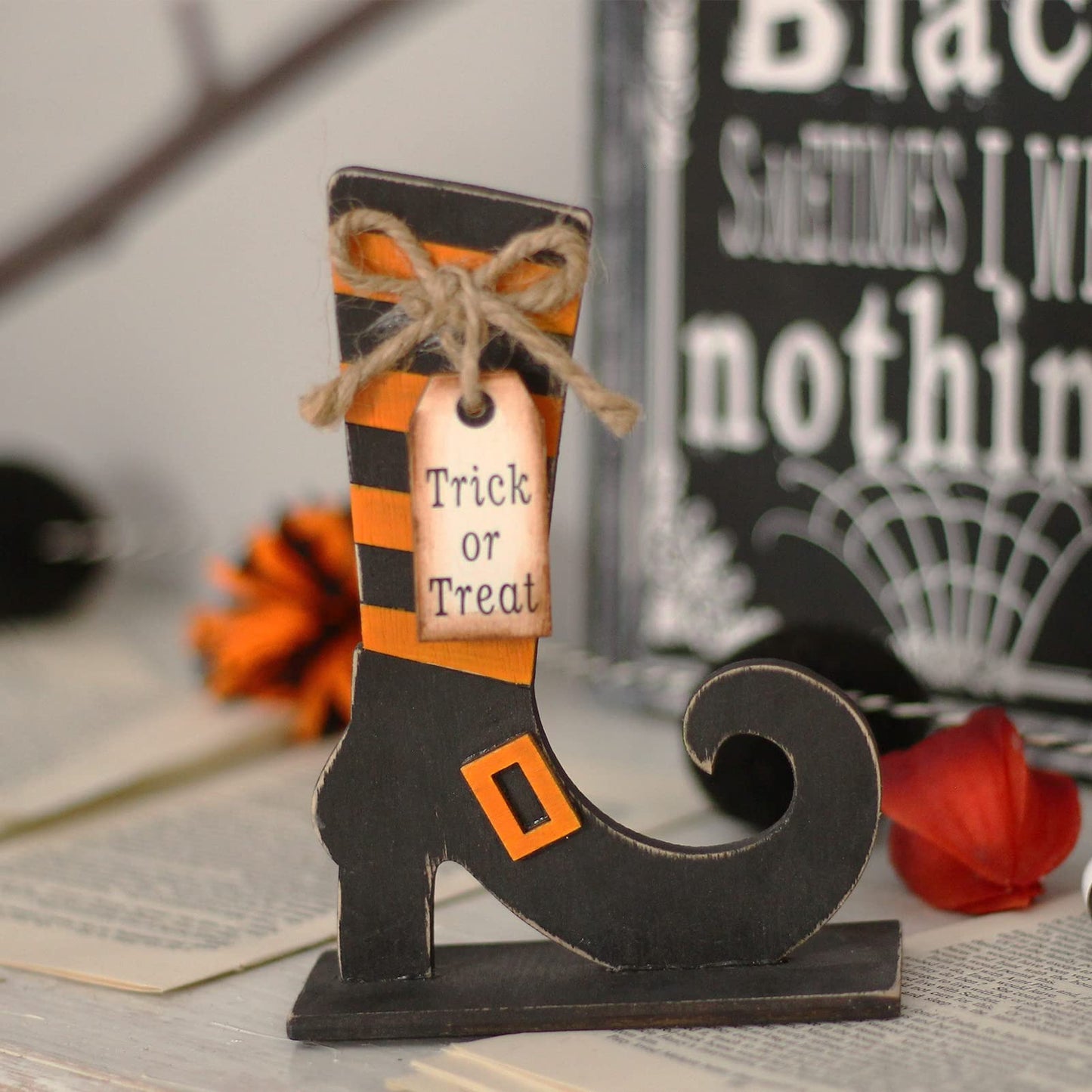 SY Super Bang 5pcs Halloween Wooden Decorations, Halloween Tabletop Centerpiece Craft Decor Including Witch/Ghost/Shoes Decor for Home, Indoor, Holiday, Party Supplies, Kid's Gift.