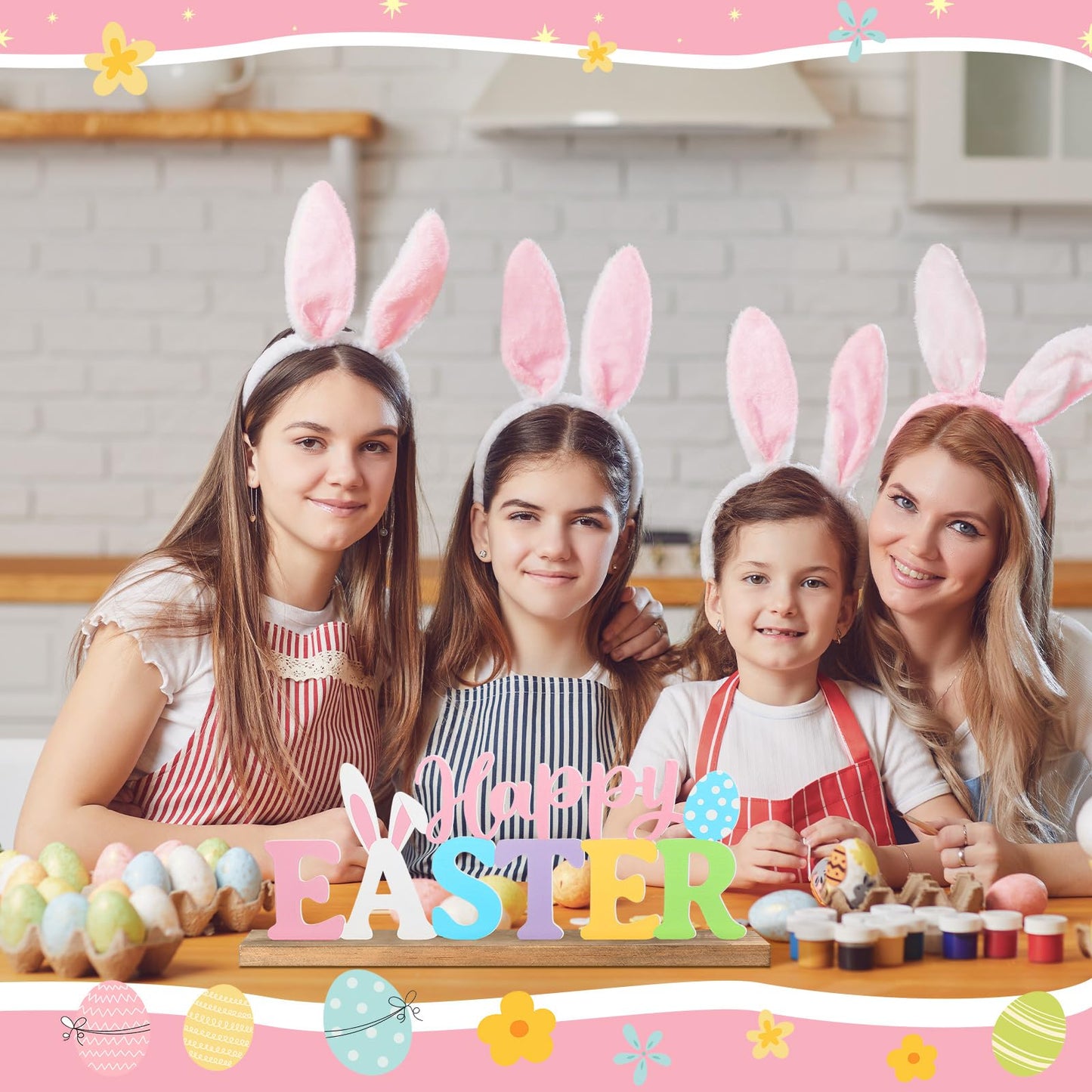 MiniInflat Happy Easter Metal Sign Rustic Table Decor Holiday Tiered Tray Decor with Wooden Base Freestanding Metal Word Sign for Home Tabletop Centerpiece Mantel Shelf Fireplace