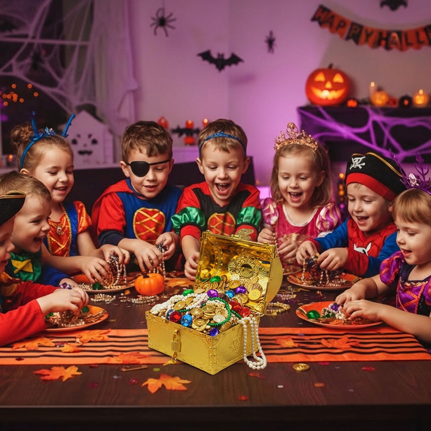 Pemalin Kids Pirate Treasure Chest Large Size Storage Box, Gem-encrusted Gold Decorative Chest with Lock and Key for Kids Birthday, Halloween, Christmas Pirate Party Favors