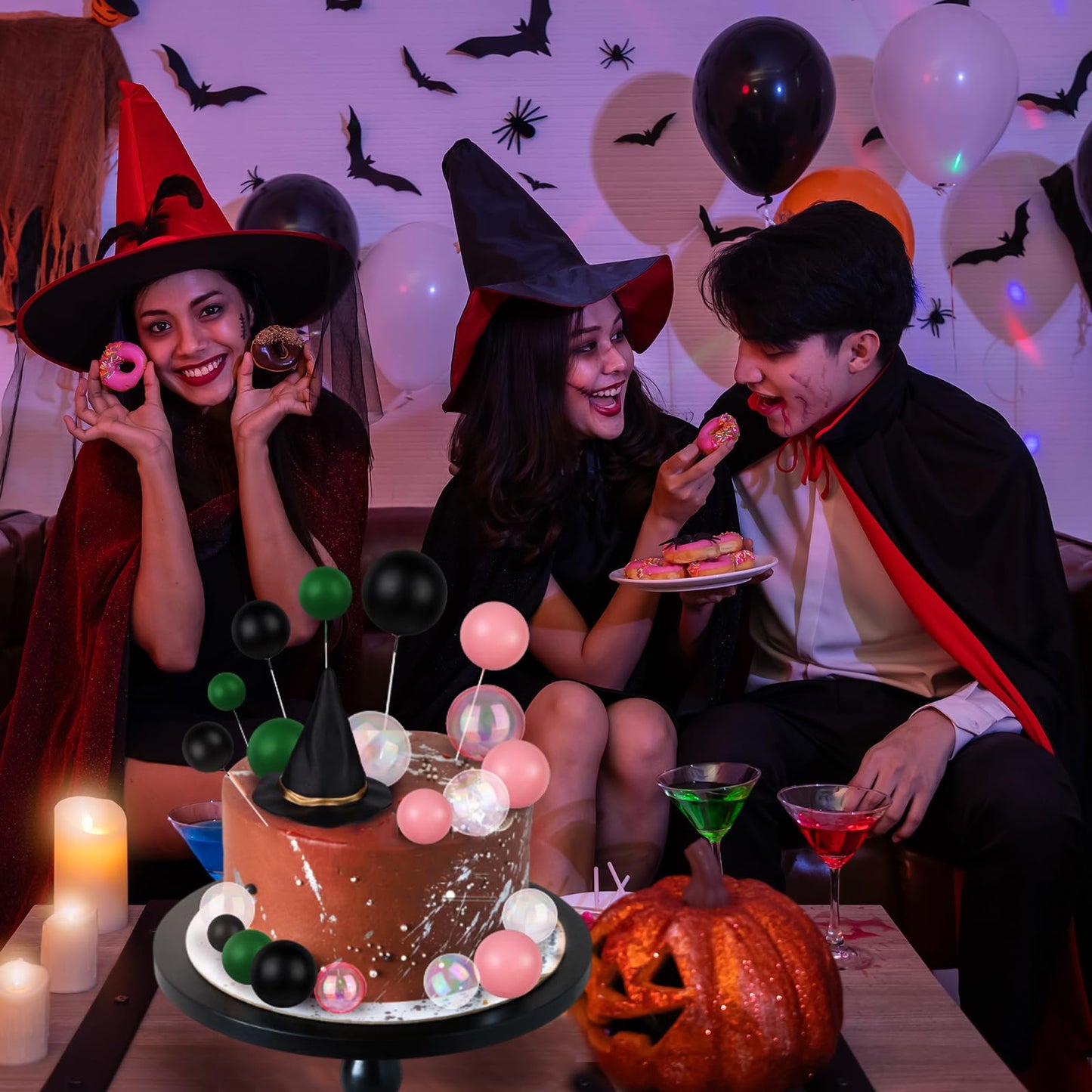 50 Pcs Witch Theme Party Supplies Balloons Cake Topper Black Green Pink Mini Balloons, Silver Plastic Crown and Black Women Witch Hat Fantasy Cake Decoration Balls for Birthday Cake Decoration