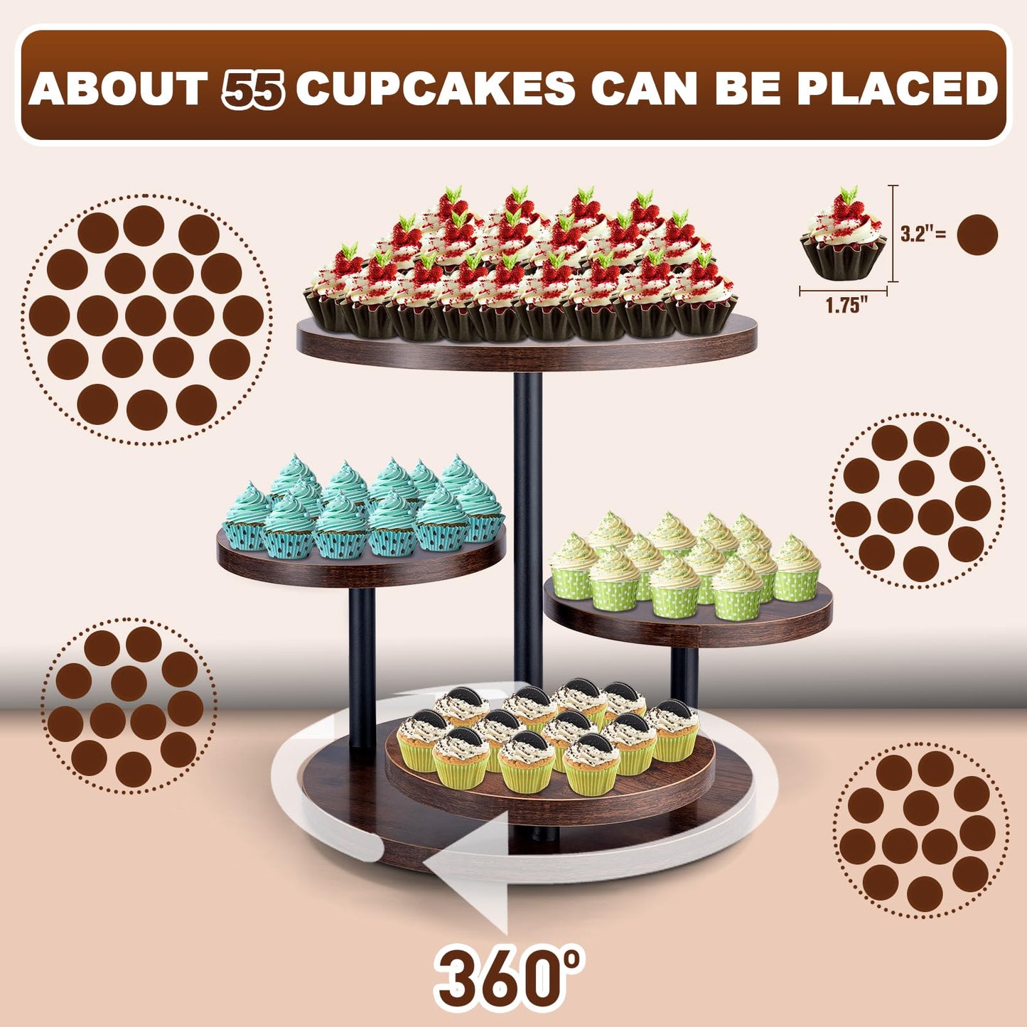 Cupcake Stand, 4 Tier Round Wood Cupcake Tower Stand for 50 Cupcakes, Rotatable Wooden Tiered Display Stand with Tiered Tray, Rustic Cupcake Stands for Birthday Wedding Baby Shower Graduation Party