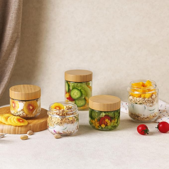 Moretoes 6 Pack Overnight Oats Containers with Lids, 10oz Glass Storage for Dry Food, Jars with Lids for Yogurt & Salad, Portable for Picnic & Lunch, Transparent Square Design for Kitchen Pantry Jars