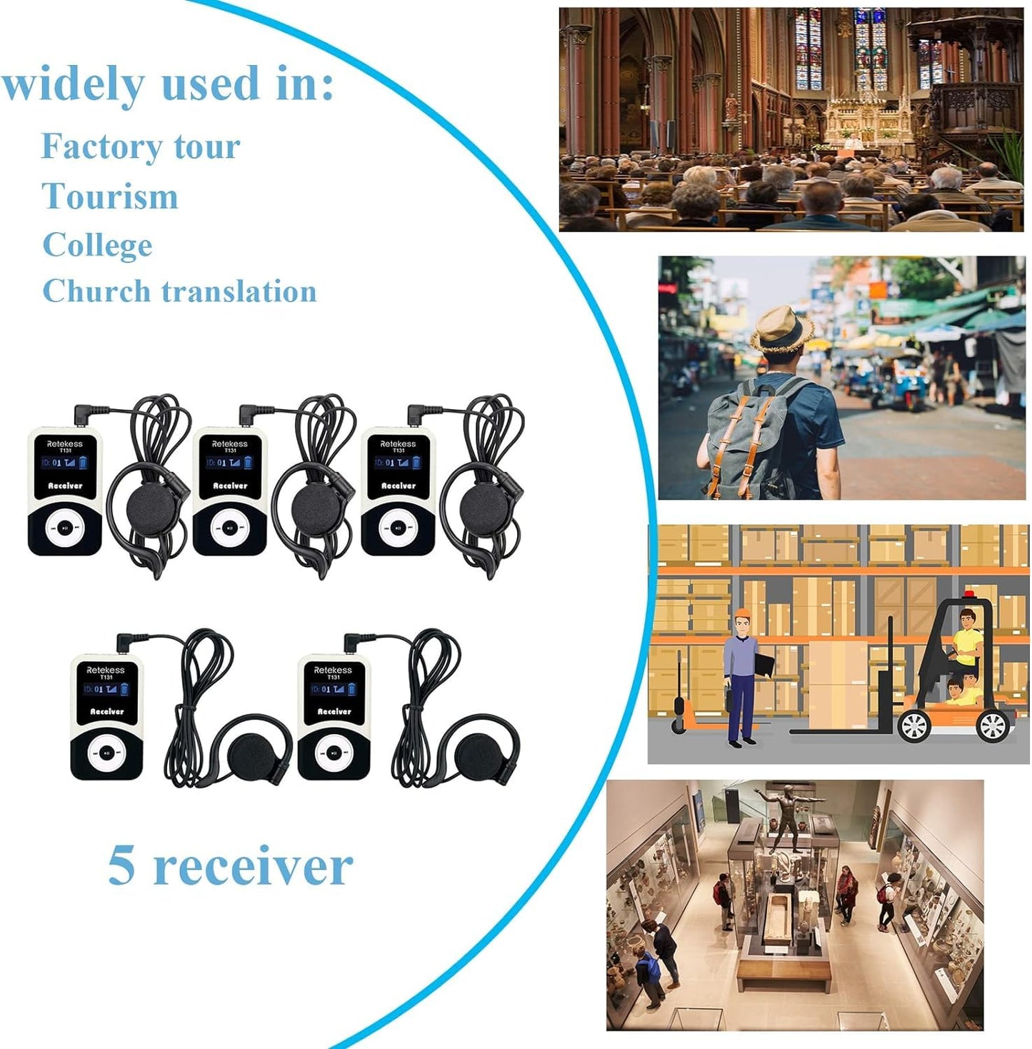 Retekess T130 Tour Guide Headsets (5 Receivers)