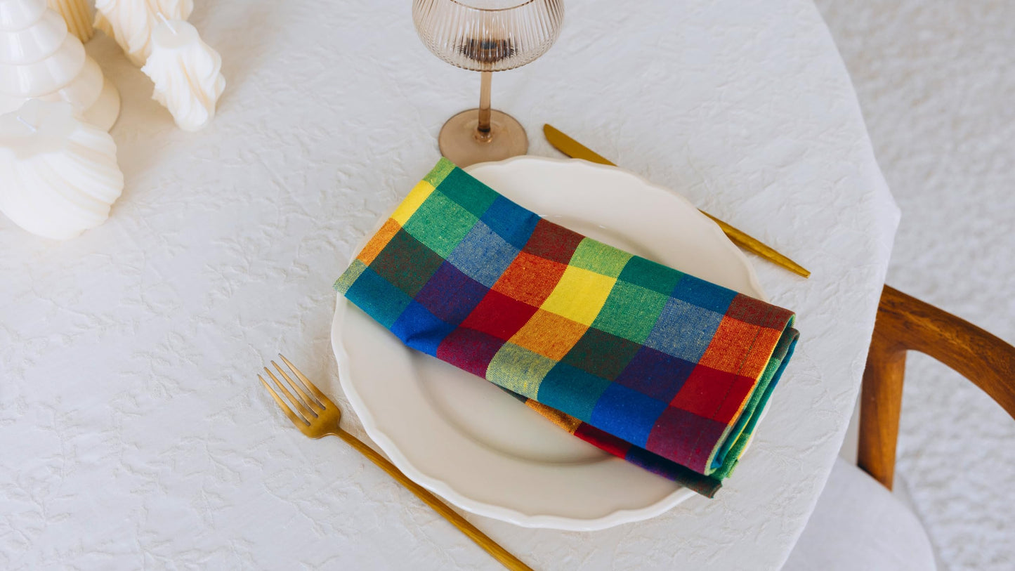 Multicolor Rainbow Cloth Dinner Napkins - 12 Pack, 100% Cotton, 20"x20" Colorful Cotton Dinner Napkins for Parties and Events - Checkered Multicolor Napkins