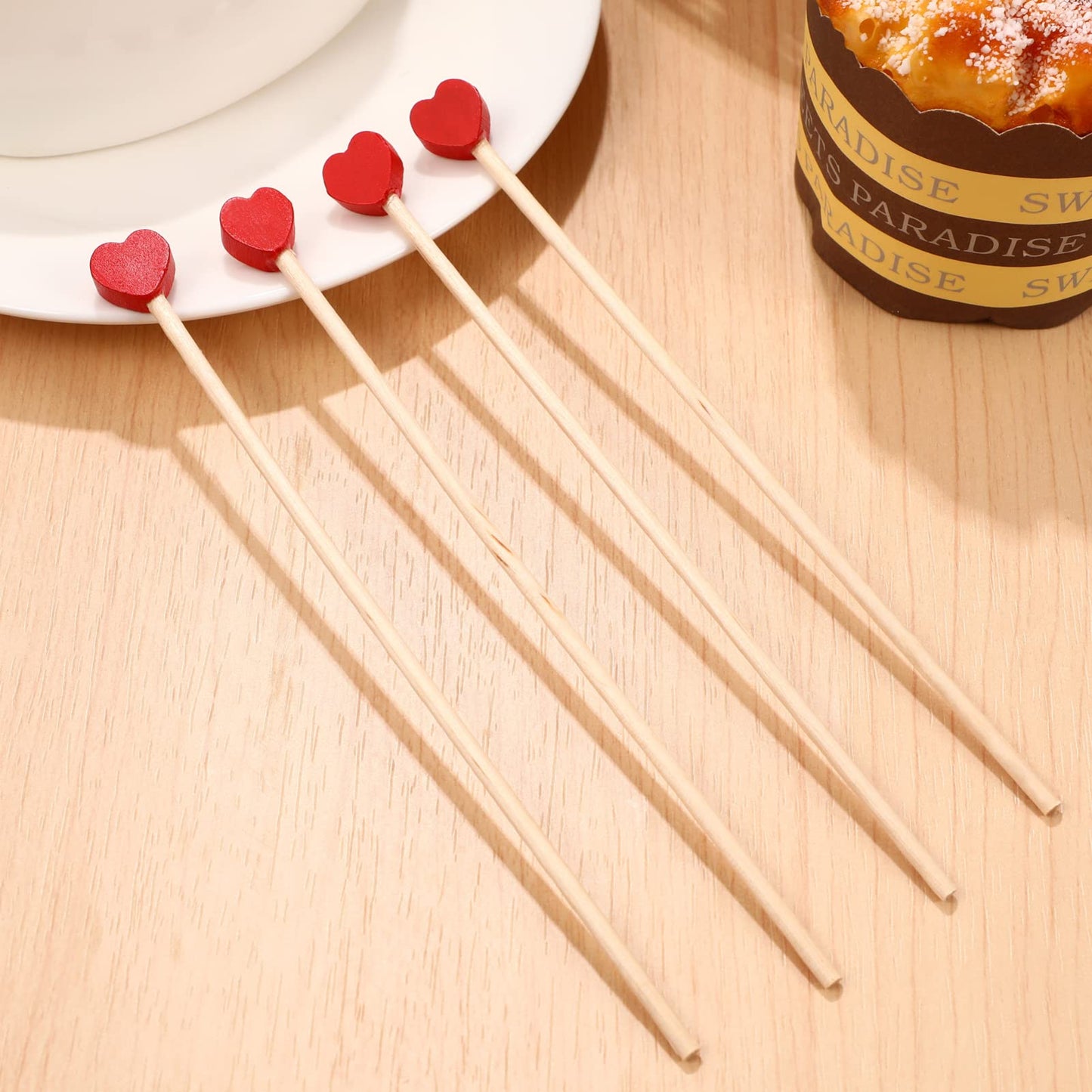 Operitacx 100 Pcs Wooden Coffee Stirrers Red Heart Stir Sticks Disposable Cocktail Stirrers Drink Stir Sticks for Wine Milk Coffee Cocktail 6.1 Inch Straws