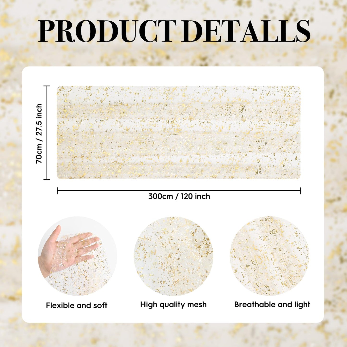 Artoid Mode 3Pcs Beige Gold Gauze Table Runner 120 Inch 10FT, Glitter Metallic Foil Sheer Dining Wedding Anniversary Holiday Birthday Table Decor for Home Party