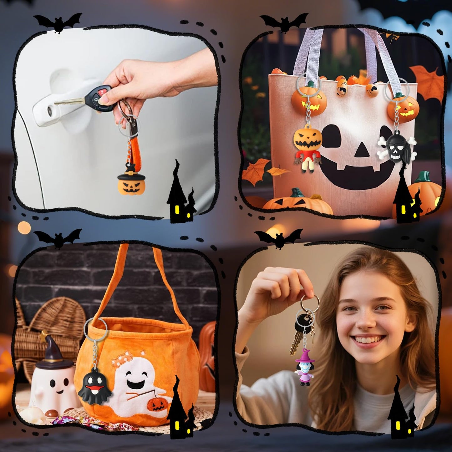 Becfupo 24 Pcs Halloween Cute Keychains Bulk, Ghost Pumpkin Bat Shaped Rubber Ornaments With Keyrings For Halloween Party Supplies, Classroom Giveaways