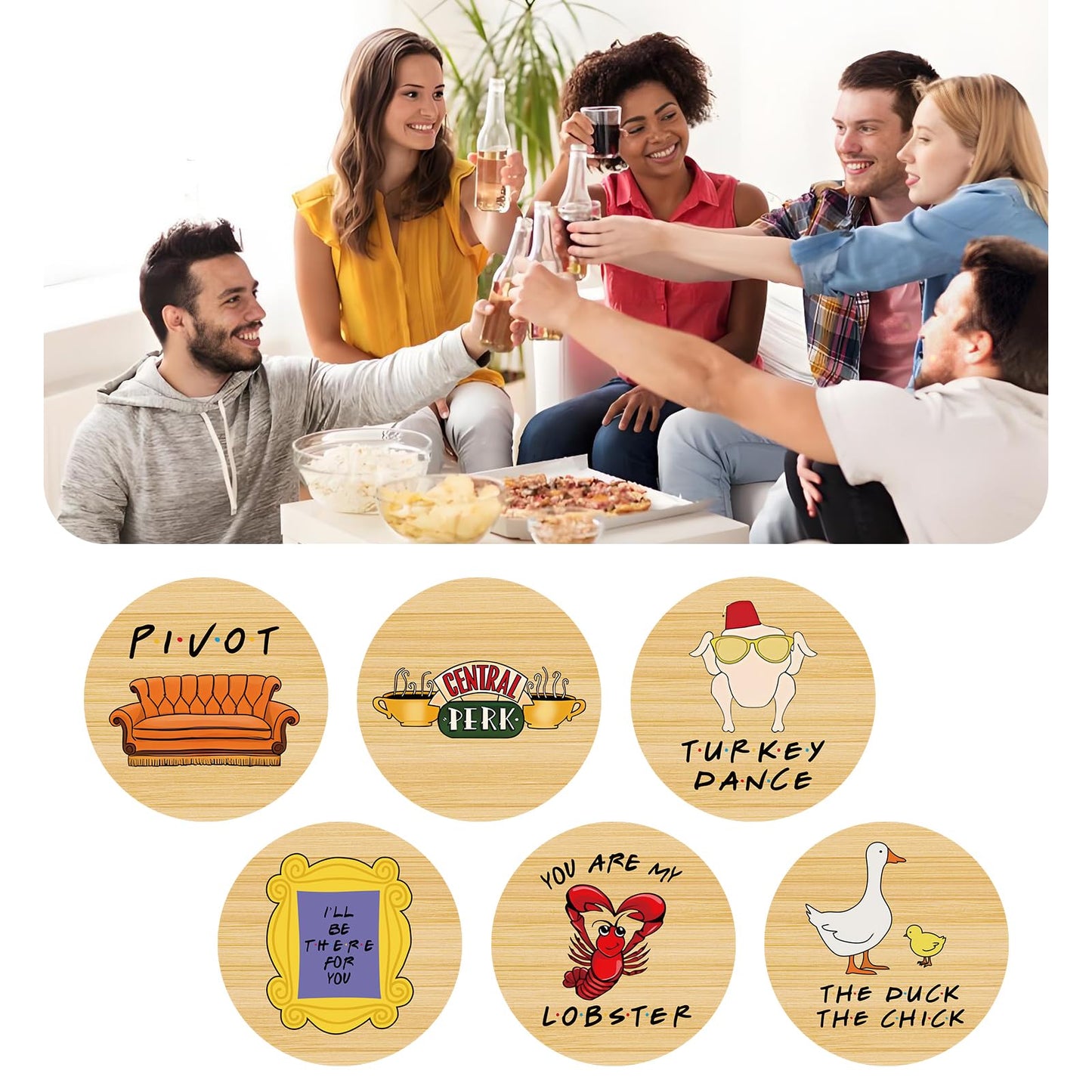 6 PCS Friends Cork Coasters for Drinks, Friends TV Show Merchandise, Funny Wooden Coasters for Drinks with Coaster Holder Home Kitchen Decor, Friend Themed Gifts for Fans