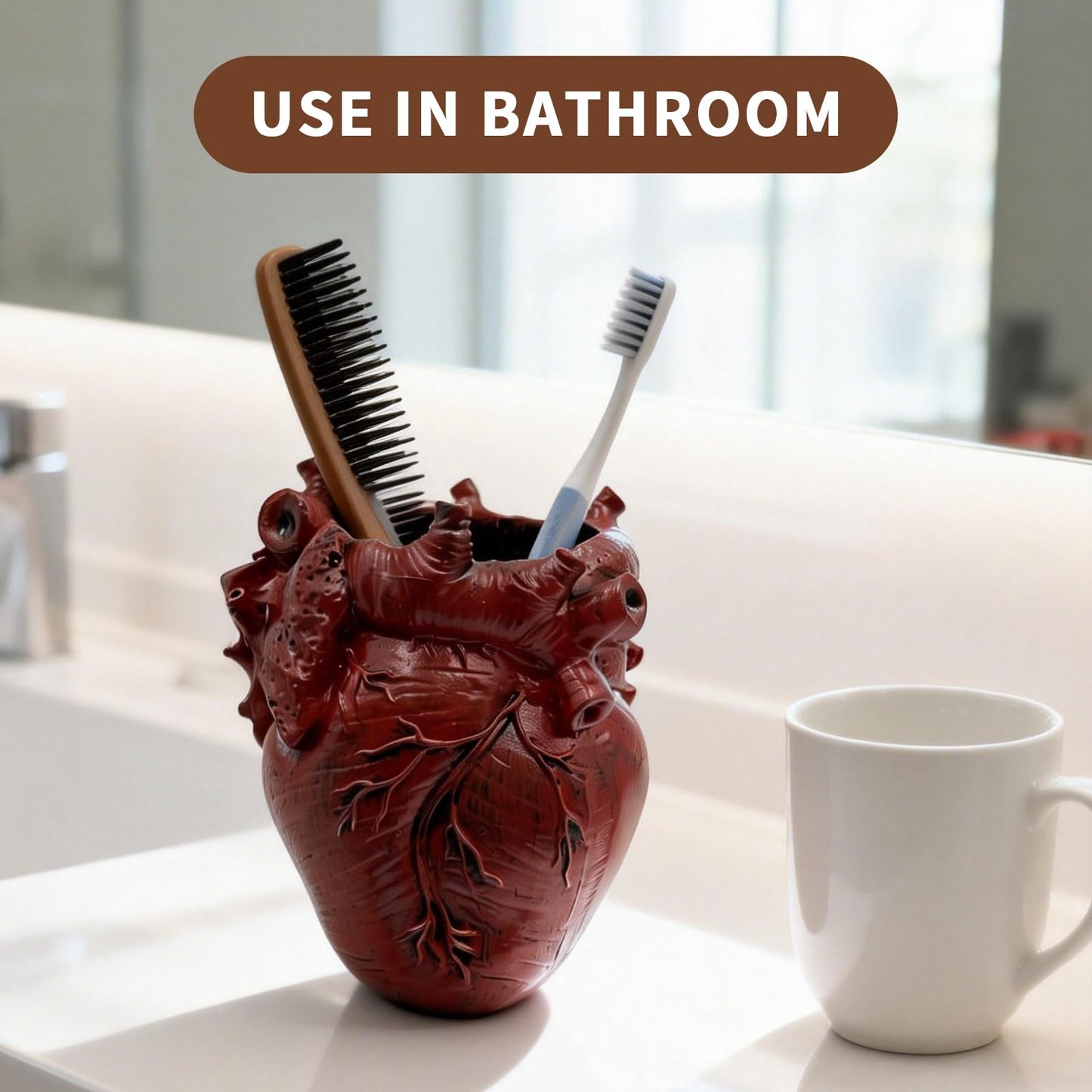 MealFlow Pro Anatomical Heart Pencil Holder, Resin Organ-Shaped Pen Cup Desk Organizer Decor, Makeup Brush Holder, Compact Desk Accessories Gift, Pen Holder for School, Office(RED)