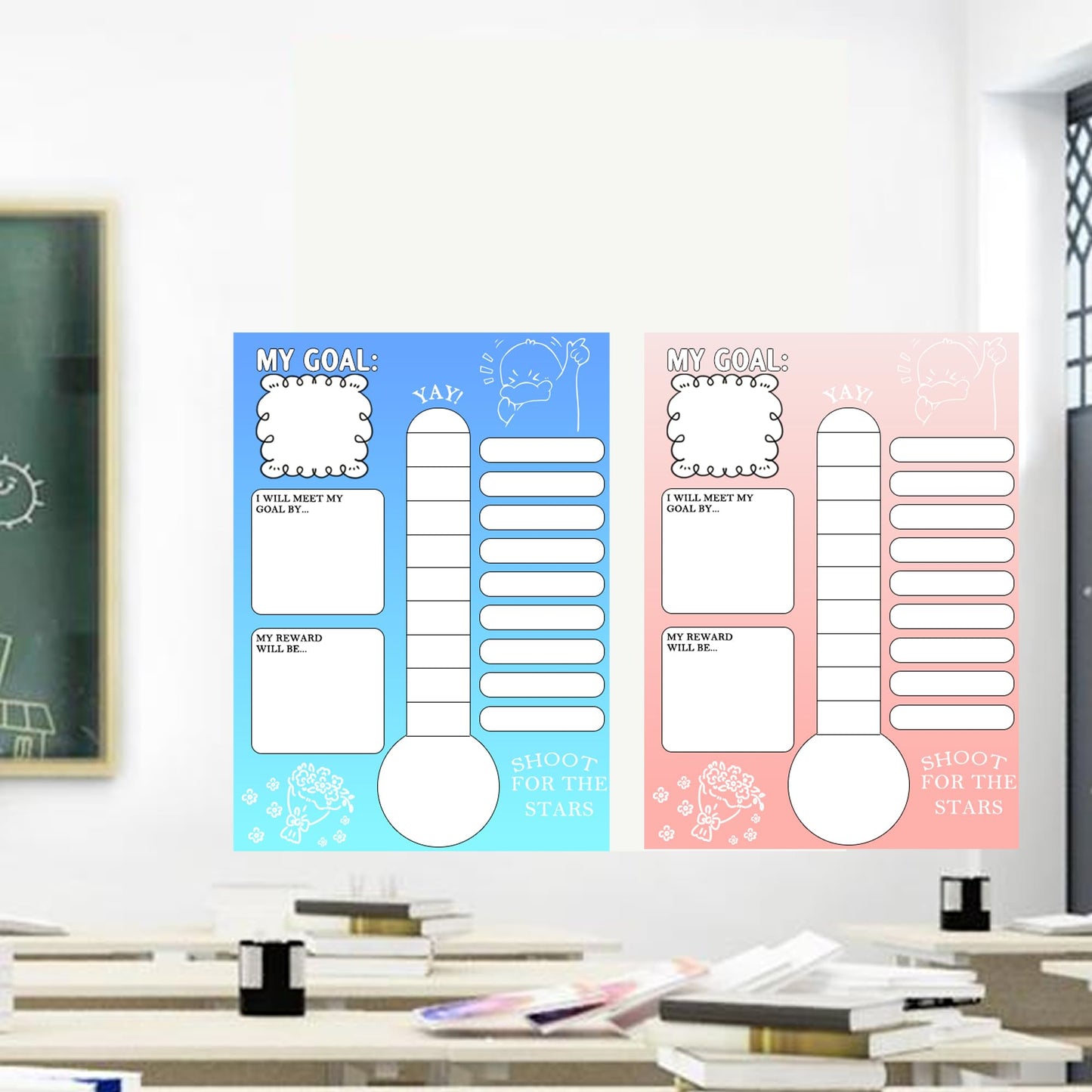 Goal Thermometer Trackers,11.2x16.5 Inches Self-Adhesive Data Wall Tracking Posters Goal Tracker Board Wall Chart Sticker for Home Classrooms Offices or Community Groups Plan Supplies(6 Color),12 Pcs