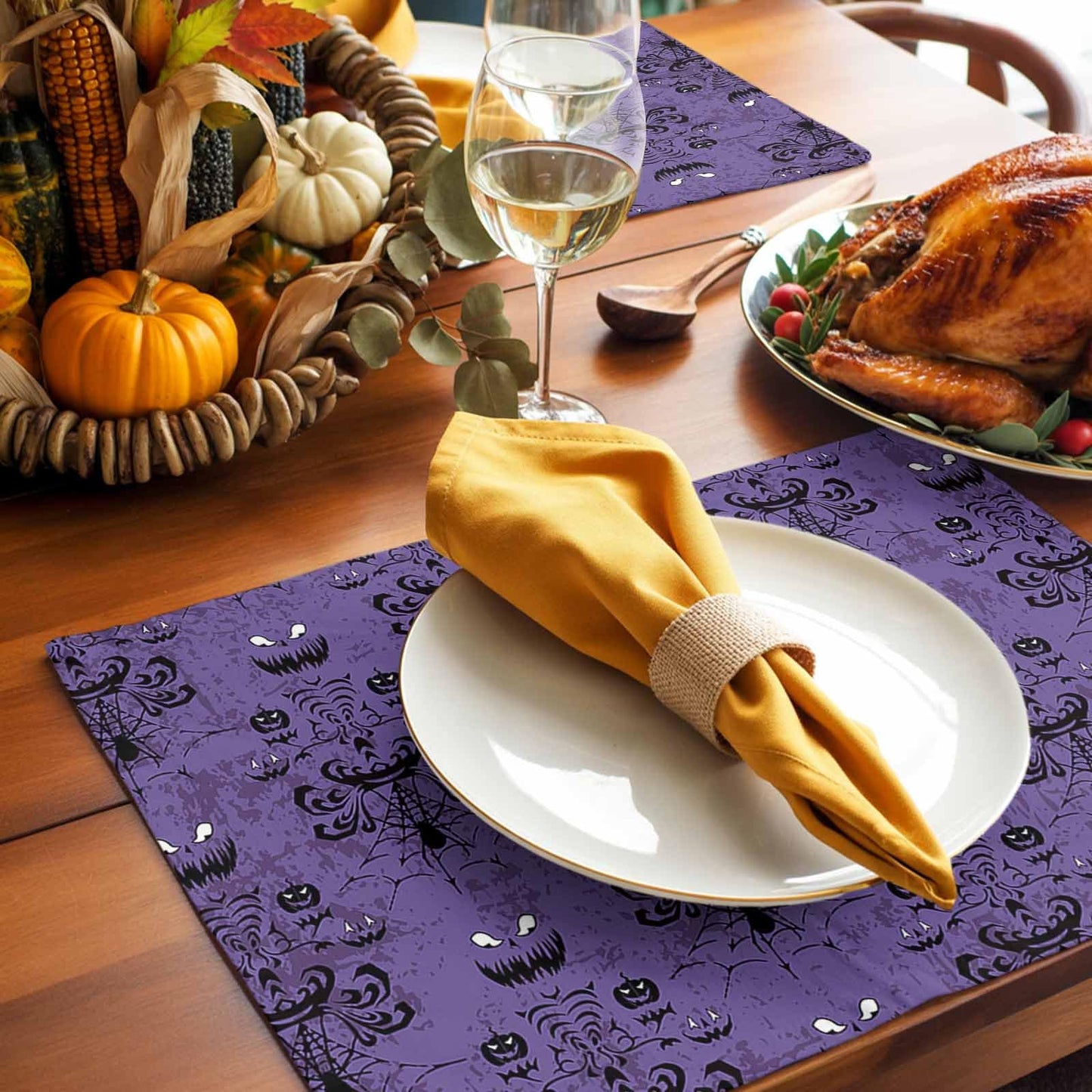 Placemats for Dining Table Set of 6, Halloween Haunted Mansion Design Table Mats Stain Resistant Heat Insulation Non-Slip Washable Table Decoration for Kitchen, Purple Black