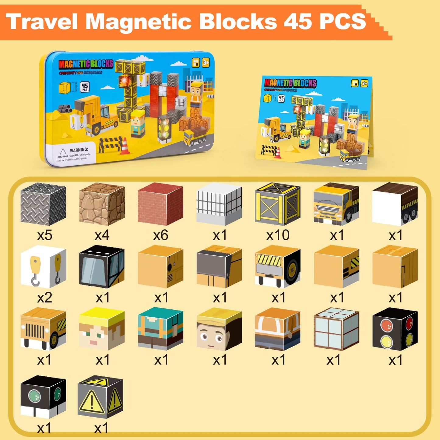 Aywewii Travel Magnetic Blocks 45 PCS Travel Toys for Kids Ages 3-5, Magnet Building Cubes STEM Learning Set with Iron Case - Portable Building Toys for Boys and Girls (Construction Edition 1)