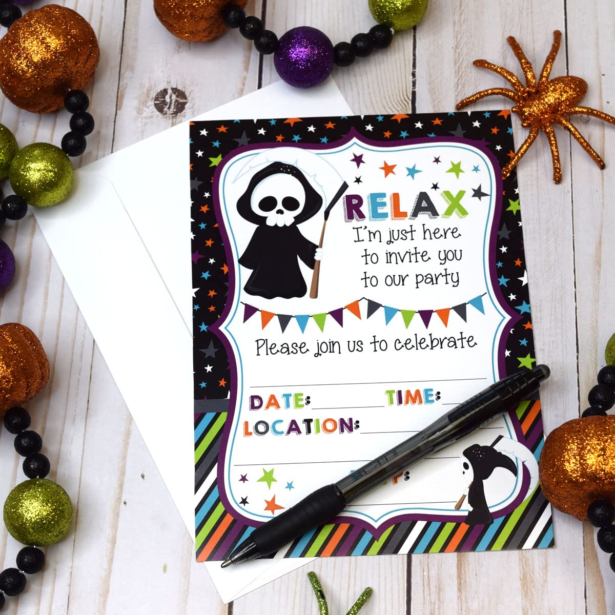 Relax! Funny Grim Reaper Themed Halloween Party Invitations, 20 5x7 Fill In Cards with Twenty White Envelopes by AmandaCreation