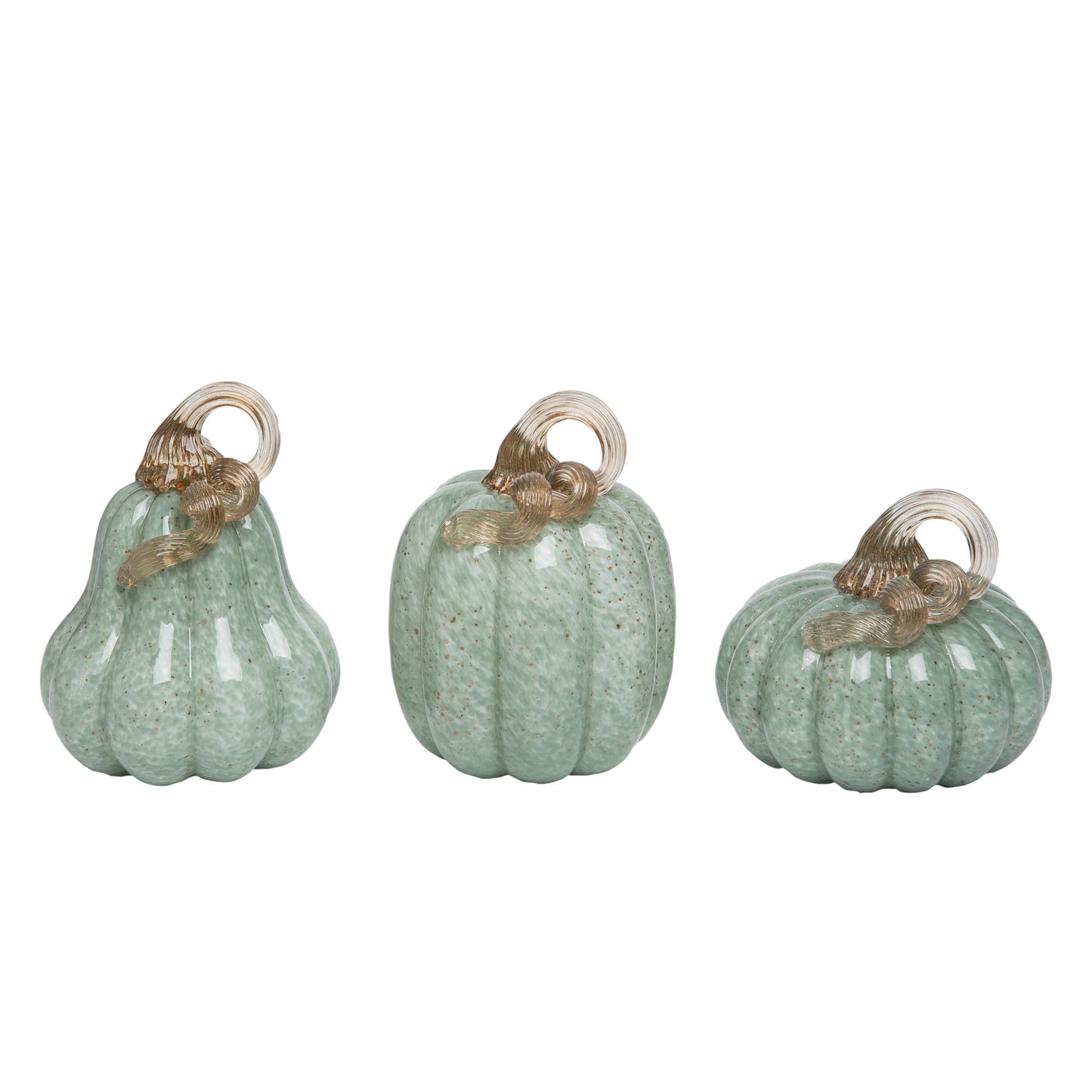 Transpac Glass 6 in. Green Harvest Pumpkins with Accent Set of 3 Light Green