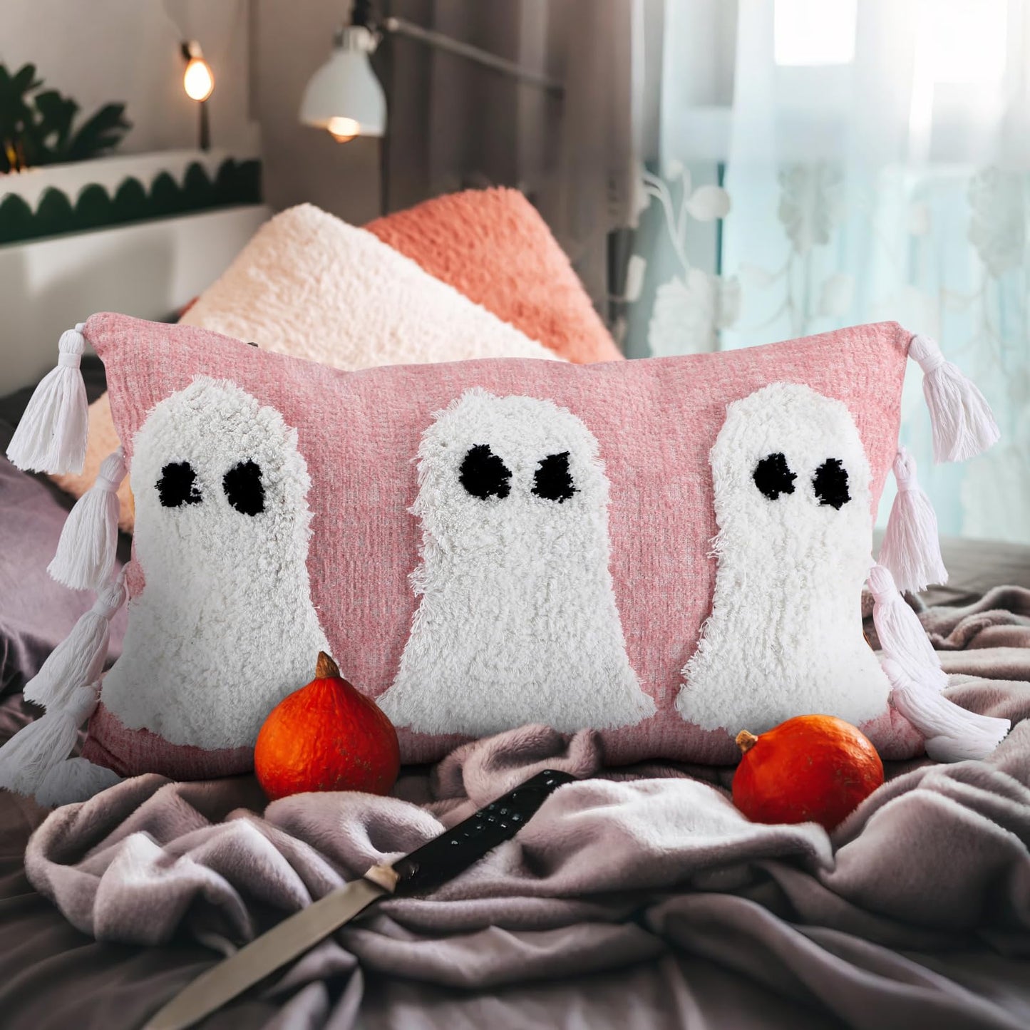 Yuntau Halloween Ghost Throw Pillows Cover Decorative Pink Ghost Shaped Pillowcase Embroidery Cushion Cover Cute Halloween Decorations for Home Bedroom Bed Sofa Living Room Outdoor Party Decor