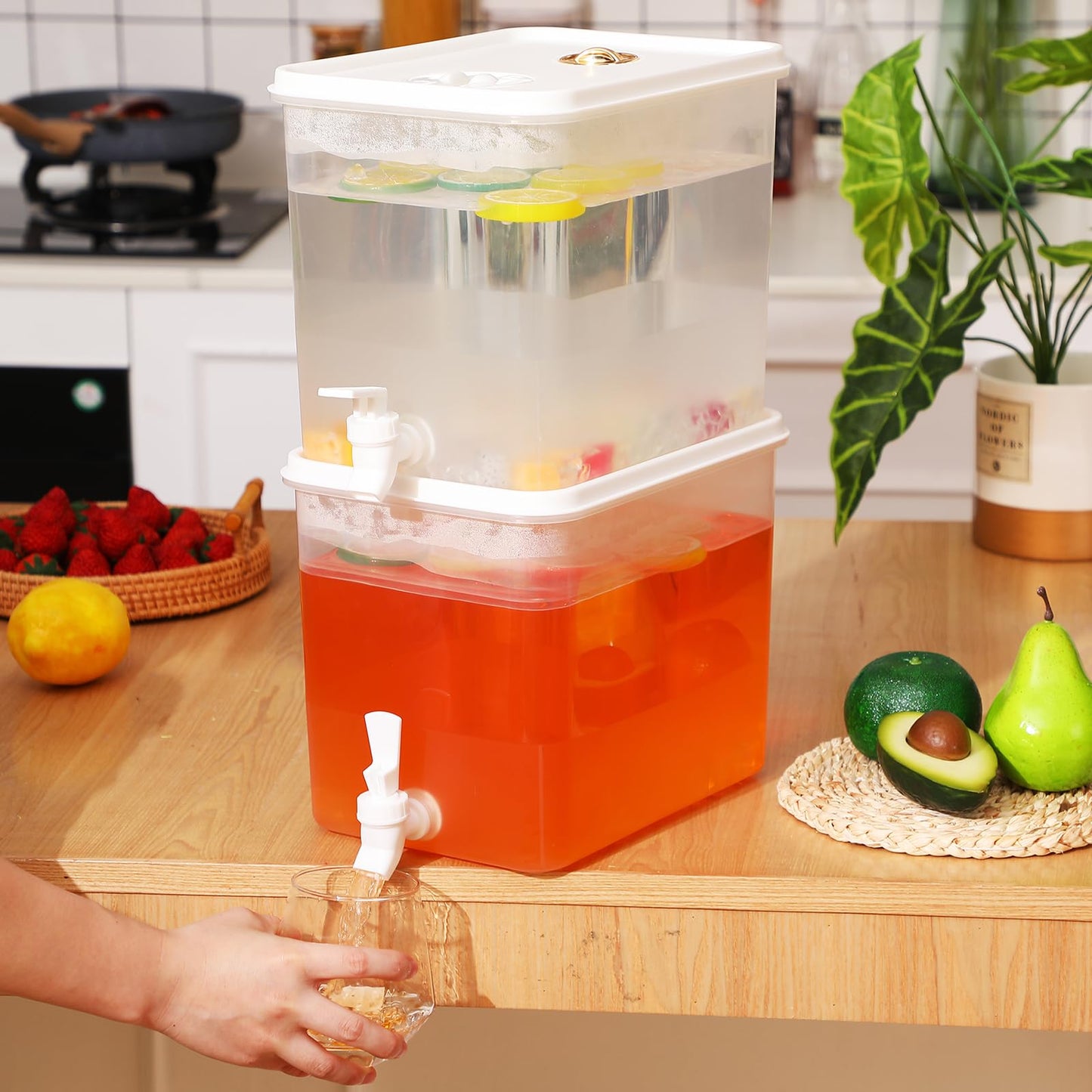 Domensi 2 Pack 2 Gallon Drink Dispenser for Fridge with Spigot Water Dispenser Leak Proof Lids Filter Screen Beverage Juice Container Sealed Plastic Lemonade Milk Cold Hot Drink Tea Jug for Party
