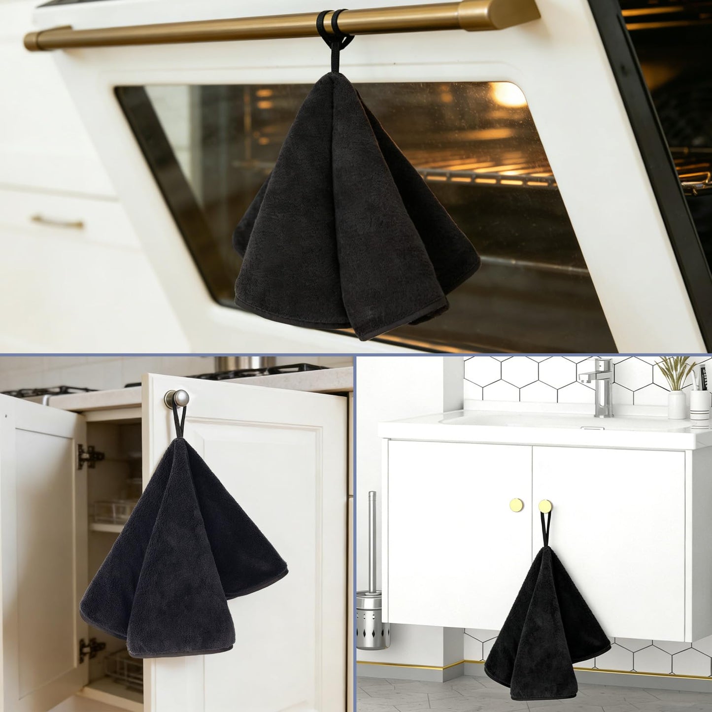 Hipruict Hanging Hand Towels with Loops, 4 Pcs Hand Towels for Kitchen, Absorbent and Soft Fiber for Quick Dry, Round Shape (Black)