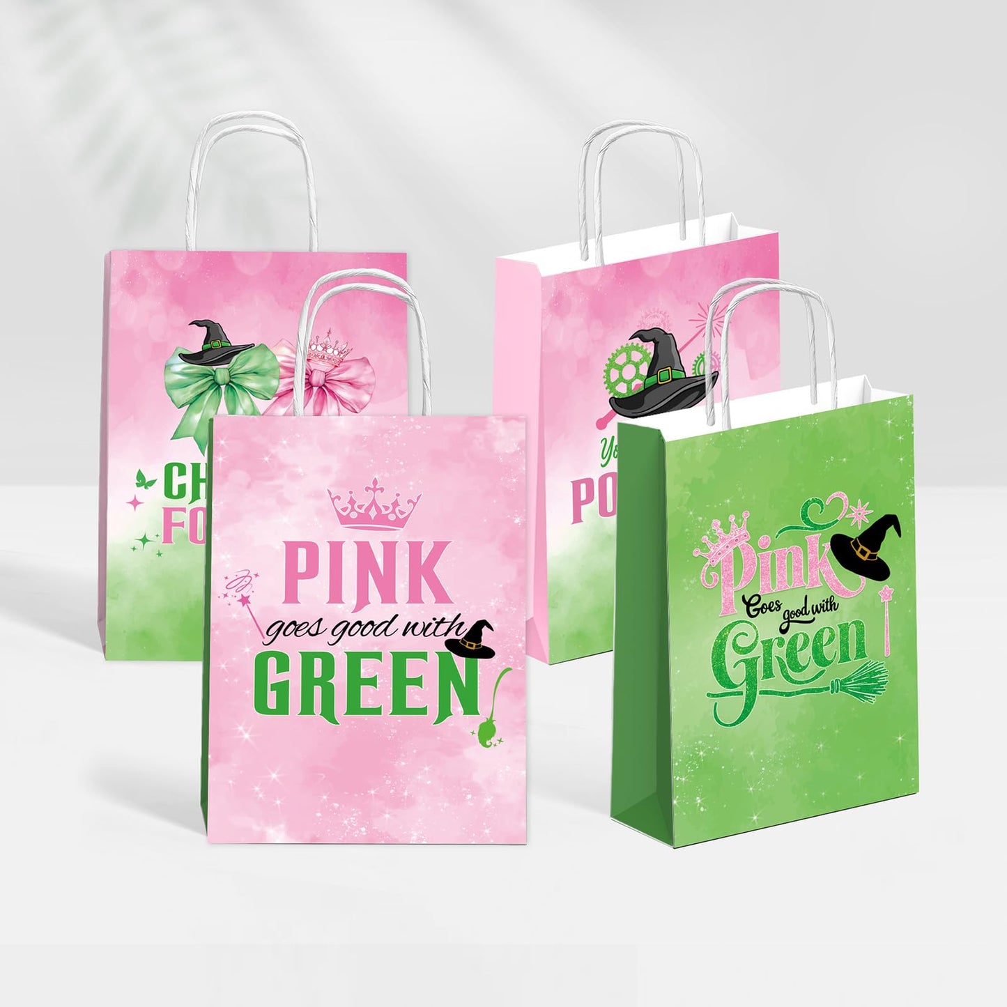 ACUDUDOMA Witch Party Gift Bags 12 Pack, Pink and Green Double-Sided Paper Treat Bags with Handle for Birthday Party Decorations, Princess Theme Halloween Favors & Friendship Exchange Gifts