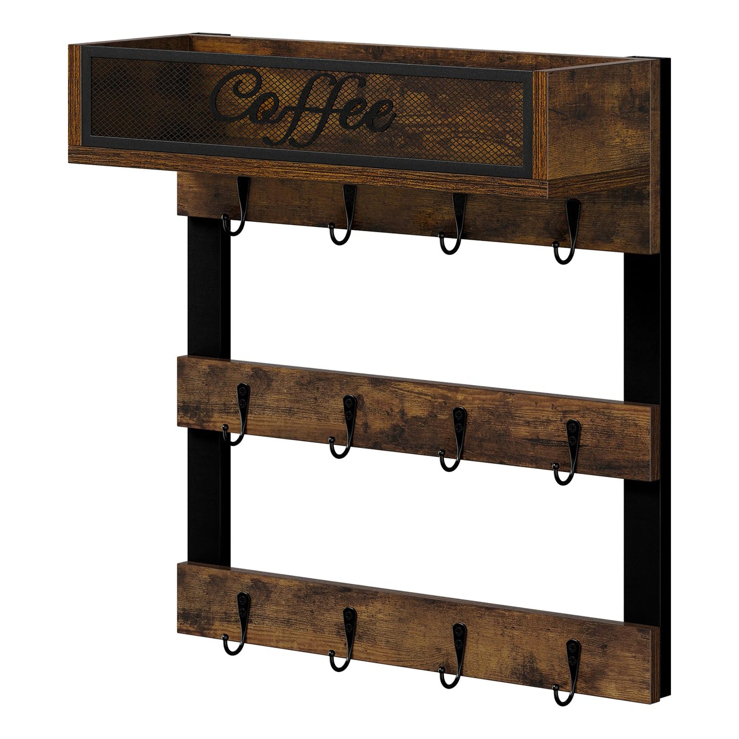 YINMIT Coffee Mug Holder with 12 Hooks, Coffee Cup Holder Wall Mounted with Top Shelf, Mug Organizer for Home Kitchen, Brown