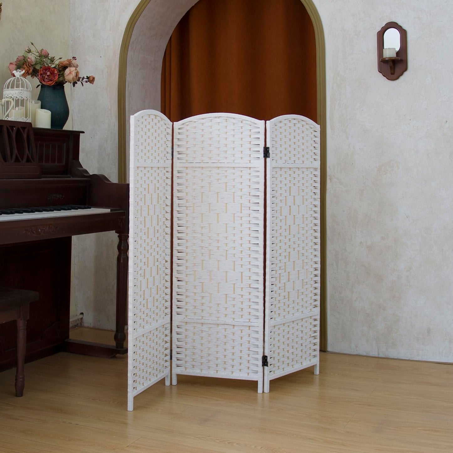 Pawlabay Compact 3 Panel Short Room Divider, 47.2 Inch Tall Double-Sided Rattan Folding Screen for Home & Office,White