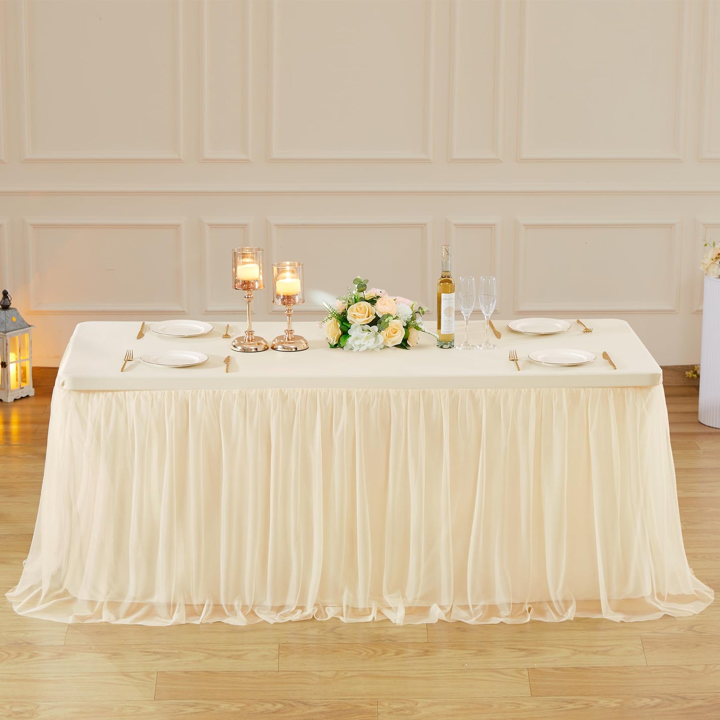 6ft Champagne Tulle Tablecloths for Rectangle Tables Stretch Rectangular Table Cloths Wrinkle Free 6 Foot Spandex Table Cover with Tutu Skirt for Wedding Birthday Party Banquet Buffet Cake Desk Skirt