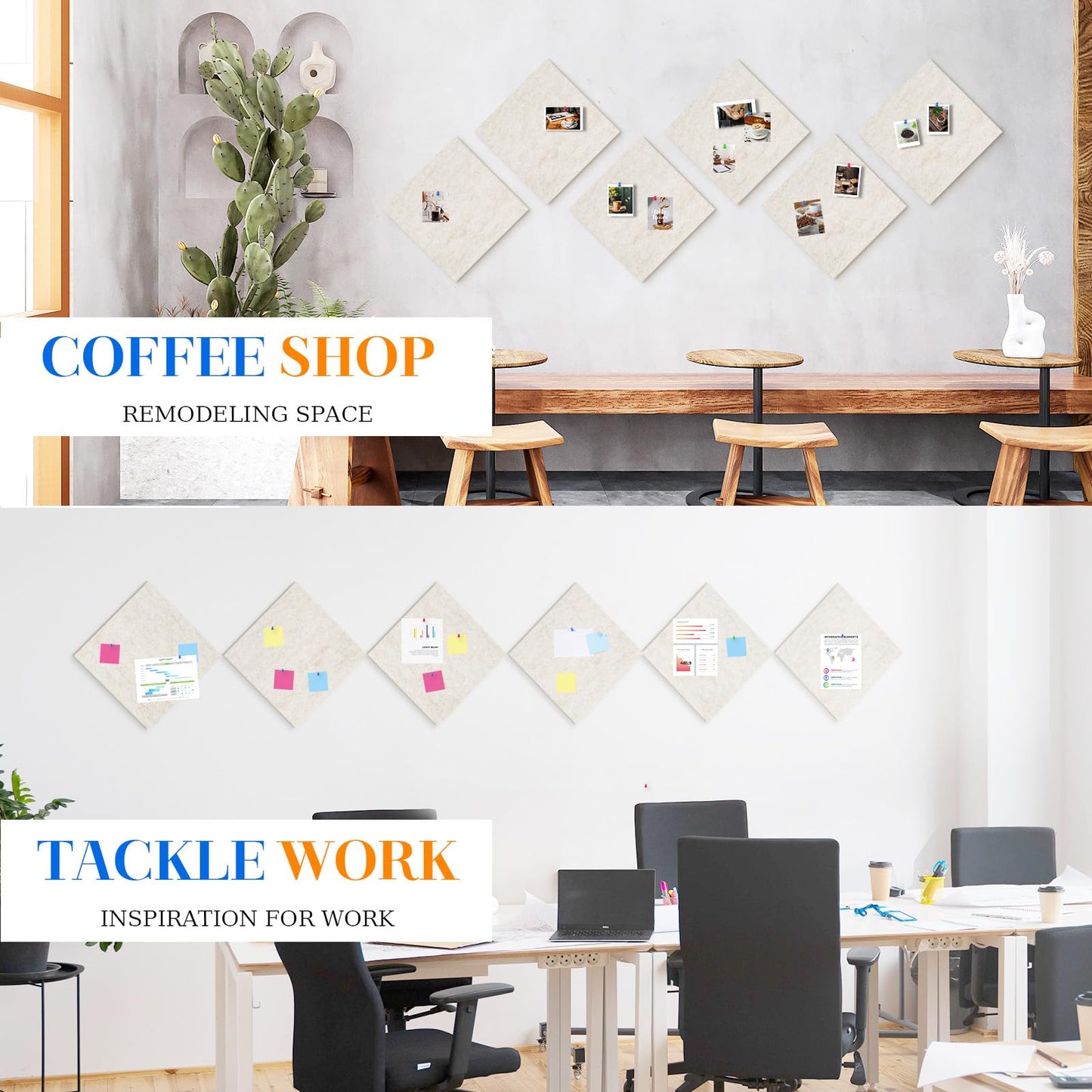 DOLLAR BOSS Felt Cork Board Tiles, 6 Packs 12" x 12" 1/2" Thick Cork Bulletin Board Adhesive Acoustic Panels Soundproof Corkboards for Walls with 60 Pushpins for Home Office Kitchen School, Beige